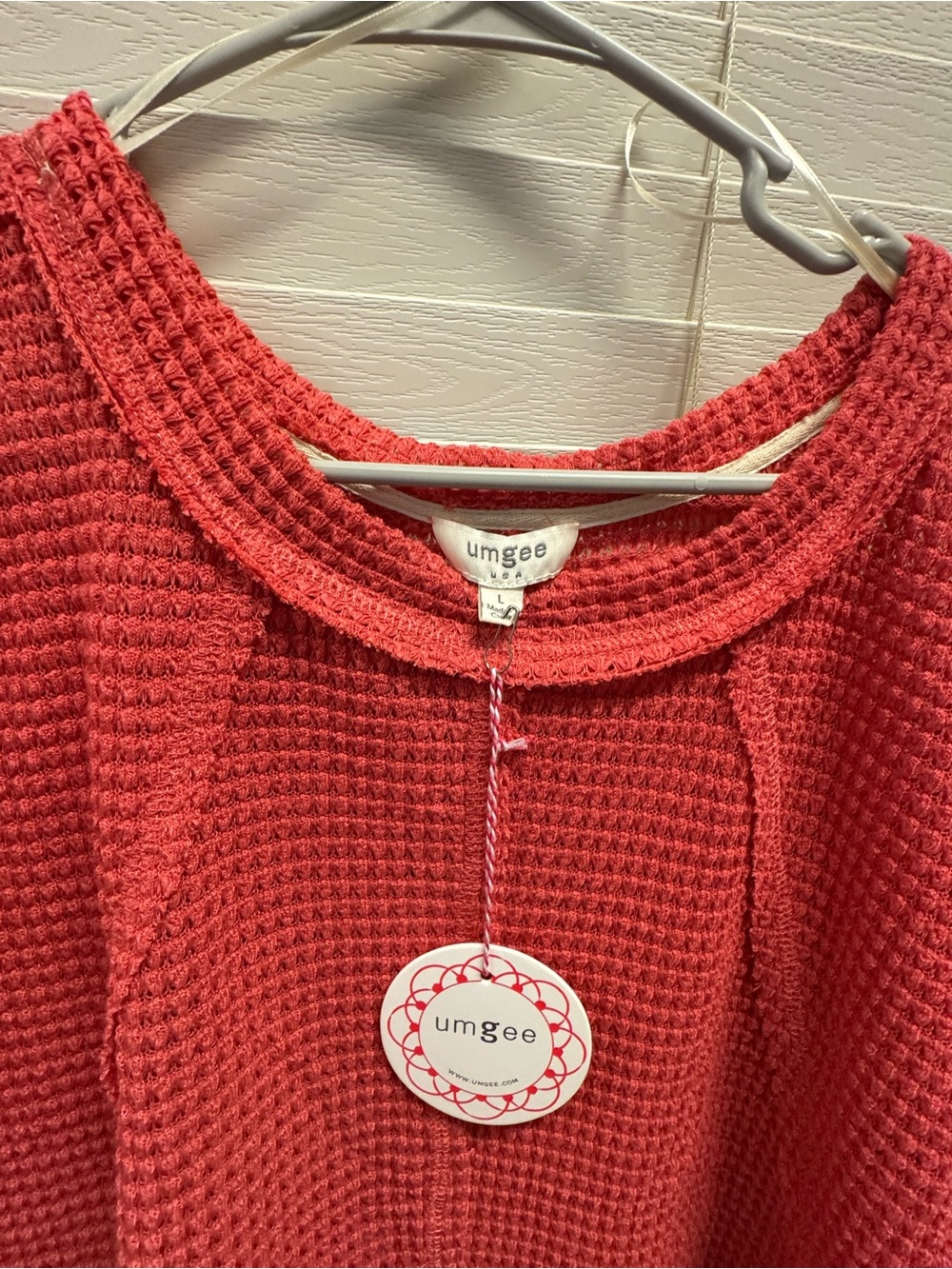 Umgee Coral-Red Waffle Knit Crewneck Sweater